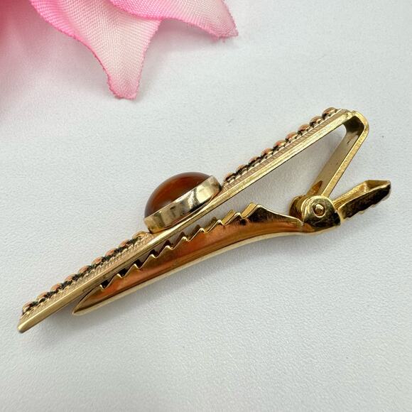 Vintage Anson Brown Cabochon Beaded Textured Gold Tone Tie Clip Bar Signed - Picture 2 of 6